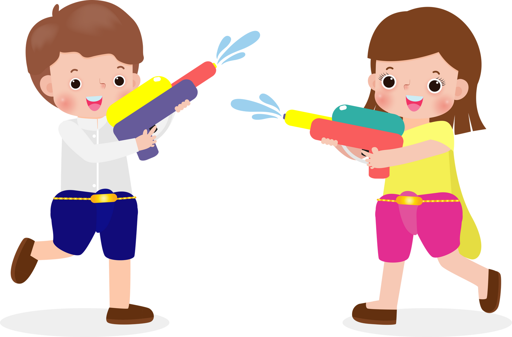 Songkran festival kids holding water gun and jumping enjoy splashing water in Songkran Thailand costume Traditional New Year's Day  Illustration isolated Png style