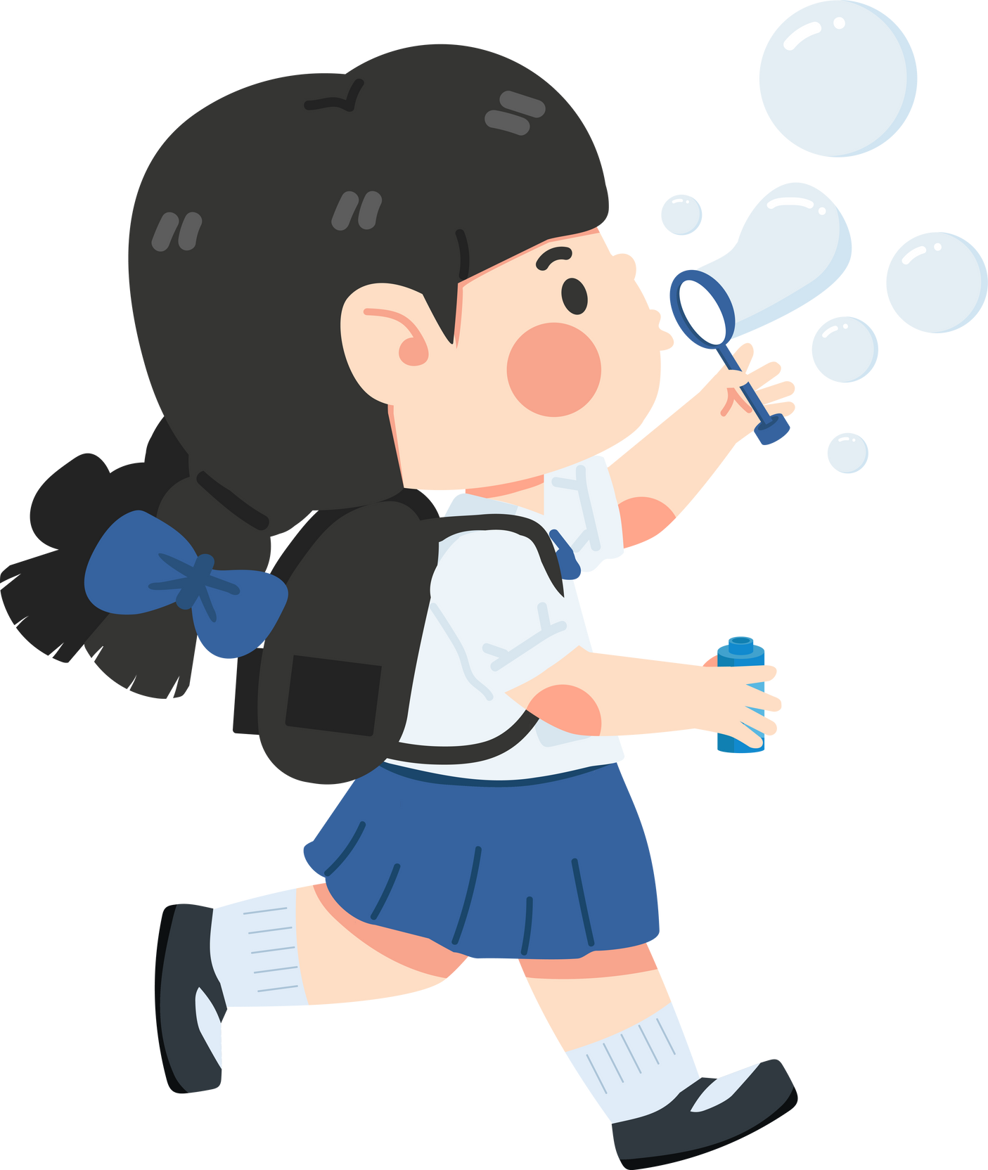 Kid girl student blowing soap bubbles