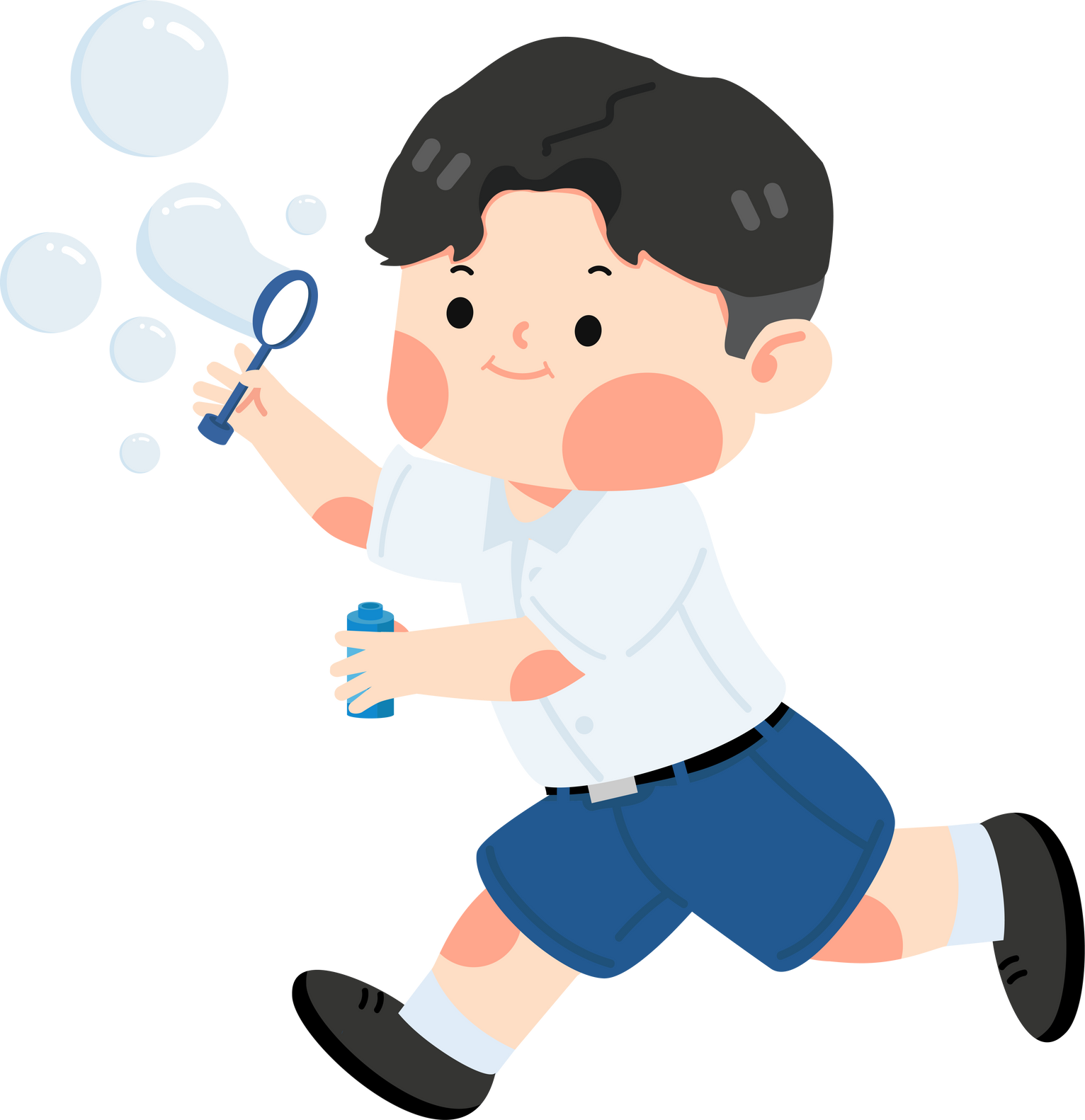 Kid student blowing soap bubbles